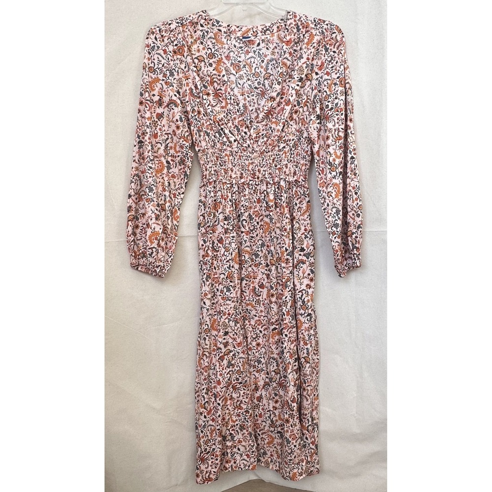 Old Navy Pink Dainty‎ Floral Smocked Waist Midi Dress Womens M L/S Plunge V Neck